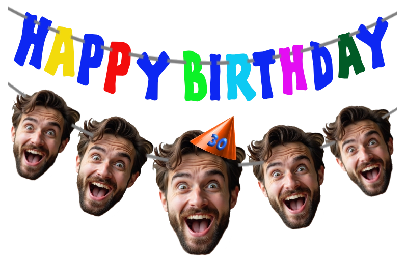 Happy Birthday banner with a man wearing a party hat and multiple faces of a man with a surprised expression.