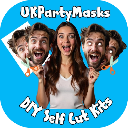 Promotional image for UKPartyMasks DIY Self Cut Kits with a woman holding cutout faces and scissors against a blue background.