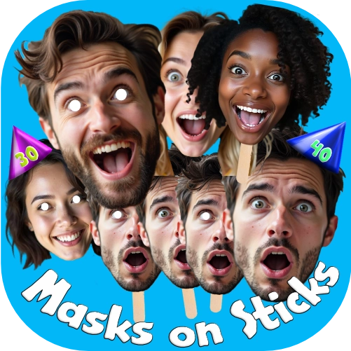 Masks on sticks with exaggerated facial expressions against a blue background