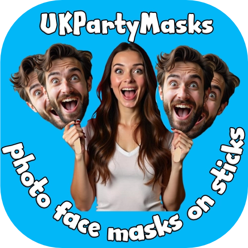 Person holding photo face masks on sticks with 'UKPartyMasks' branding on a blue background
