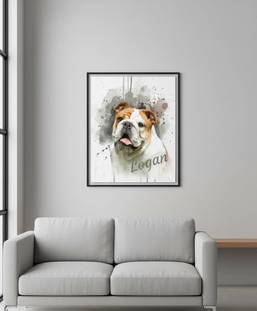 personalised print of dog called Logan handing in a frame on the wall custom made by https://personlaisedprints.uk