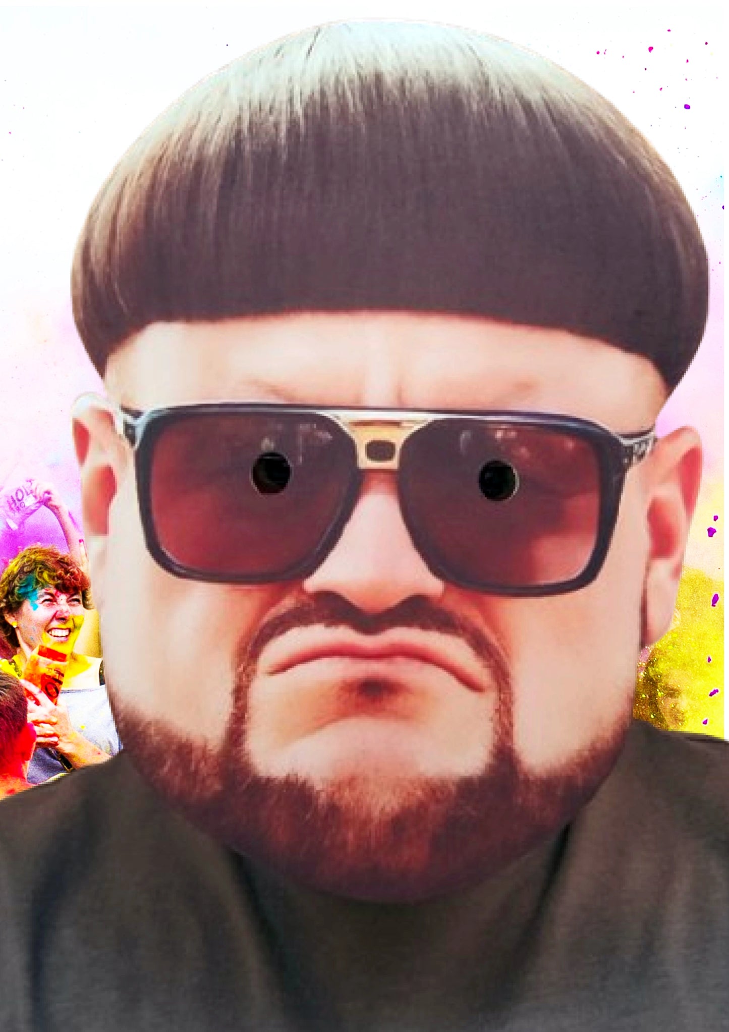 Ibiza Boss wearing sunglasses with a colorful background