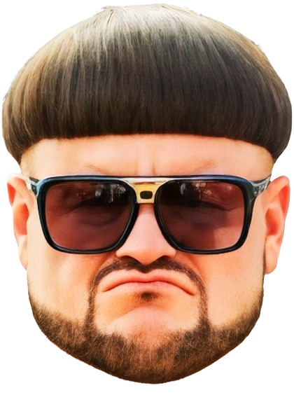 Cardboard cutout of a person with a distinctive hairstyle and sunglasses on a white background