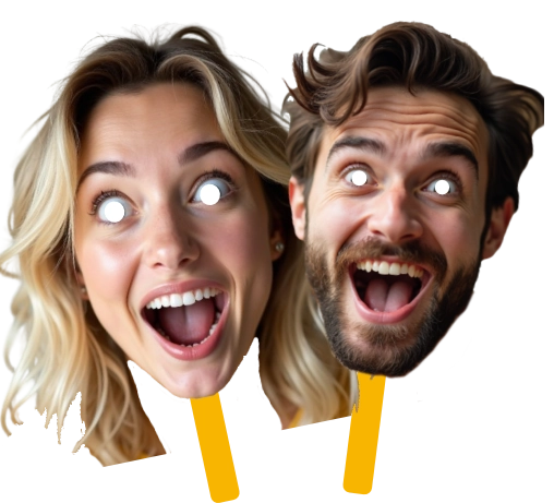 Two people with exaggerated facial expressions on a white background