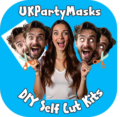 Promotional image for UKPartyMasks DIY Self Cut Kits with a woman holding cutout faces and scissors against a blue background.