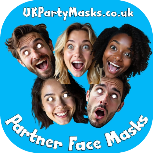 Promotional image for Partner Face Masks from UKPartyMasks.co.uk with five people's faces on a blue background.