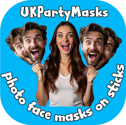 Person holding photo face masks on sticks with 'UKPartyMasks' branding on a blue background
