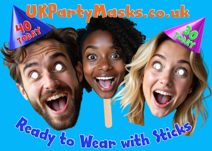 Three people wearing party hats with text indicating ages, against a blue background with promotional text for UKPartyMasks.co.