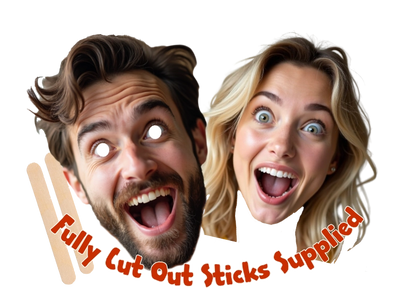 Two people with exaggerated facial expressions and text 'Fully Cut Out Sticks Supplied' on a white background.