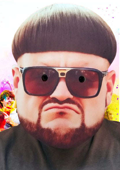 Ibiza Boss wearing sunglasses with a colorful background