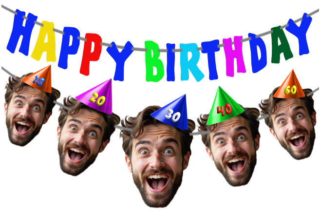 Happy Birthday banner with colorful hats and faces of a man wearing each hat.