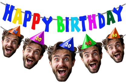 Happy Birthday banner with colorful hats and faces of a man wearing each hat.
