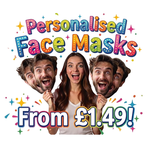 Promotional graphic for personalised face masks with colorful text and people holding masks.