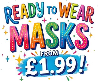 Promotional text for ready-to-wear masks with colorful letters and price tag on a white background.
