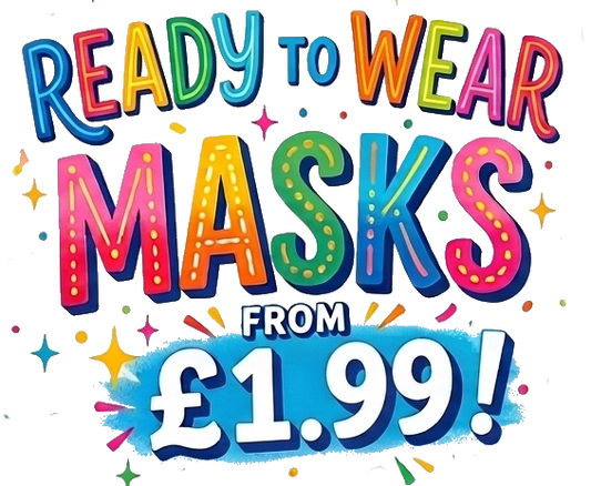 Promotional text for ready-to-wear masks with colorful letters and price tag on a white background.