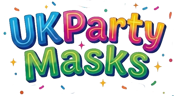 Colorful text 'UK Party Masks' with confetti on a white background