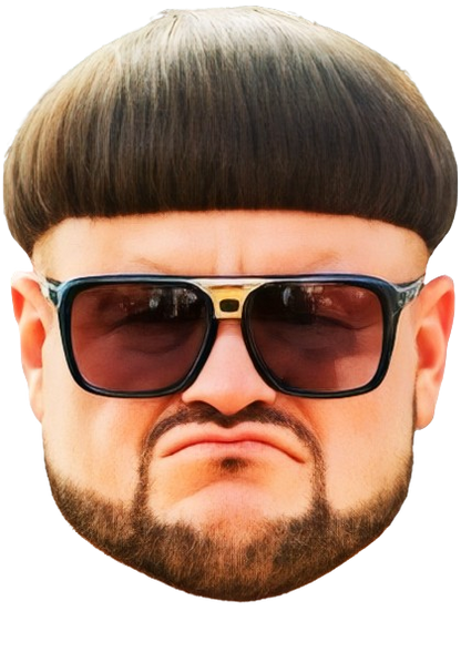 Cardboard cutout of a person with a distinctive hairstyle and sunglasses on a white background