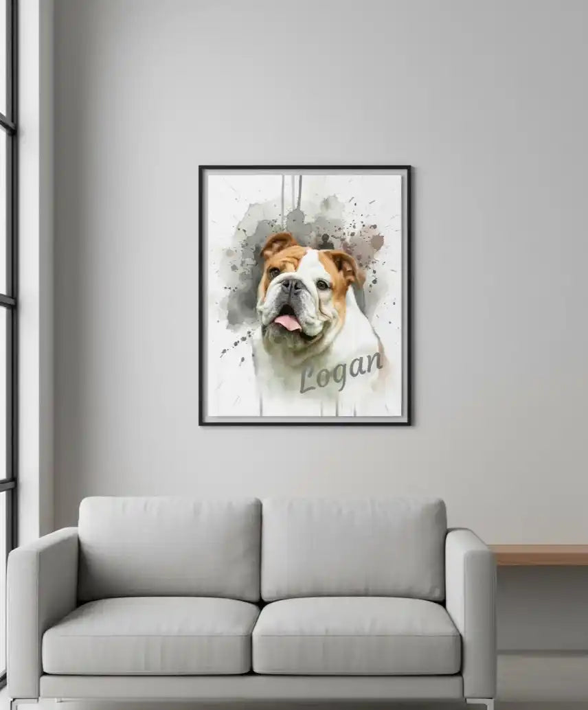 personalised print of dog called Logan handing in a frame on the wall custom made by https://personlaisedprints.uk