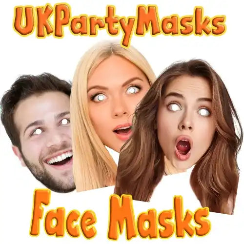 Three party face masks with exaggerated surprised expressions and white eyes.